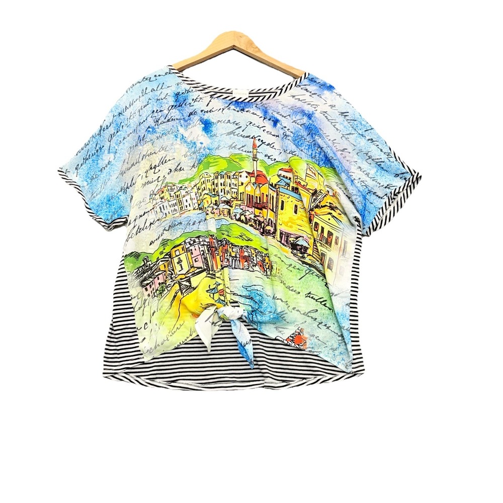Chicos European Vacation Cityscape Tie Front Short‎ Sleeve Blouse Top Artsy XL*